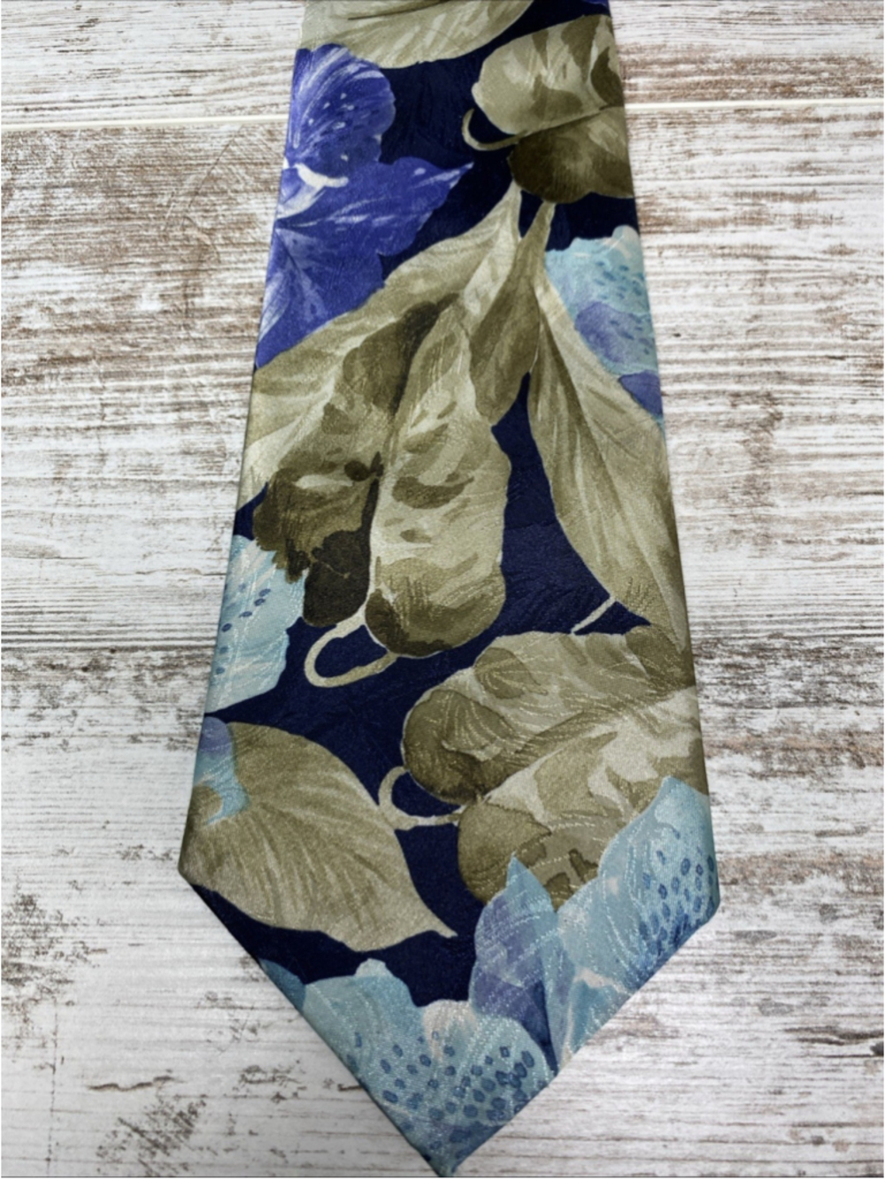 Johnny Carson Floral Necktie Blue Gold Tropical Leaf Print Mens Tie 55” USA Made